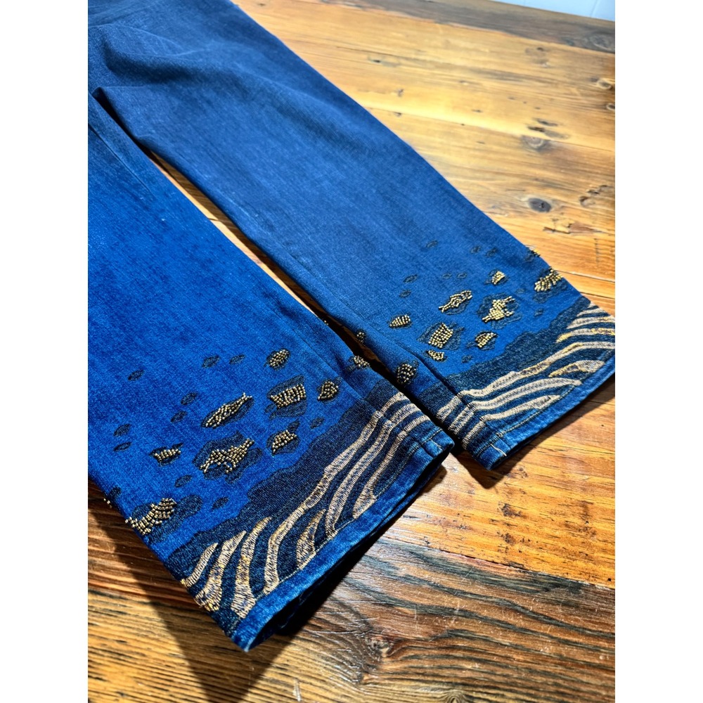 CHICO'S JACKSON INDIGO ANIMAL PRINT BEADED HEM PULL ON ANKLE JEGGINGS SIZE 12R - Picture 9 of 9